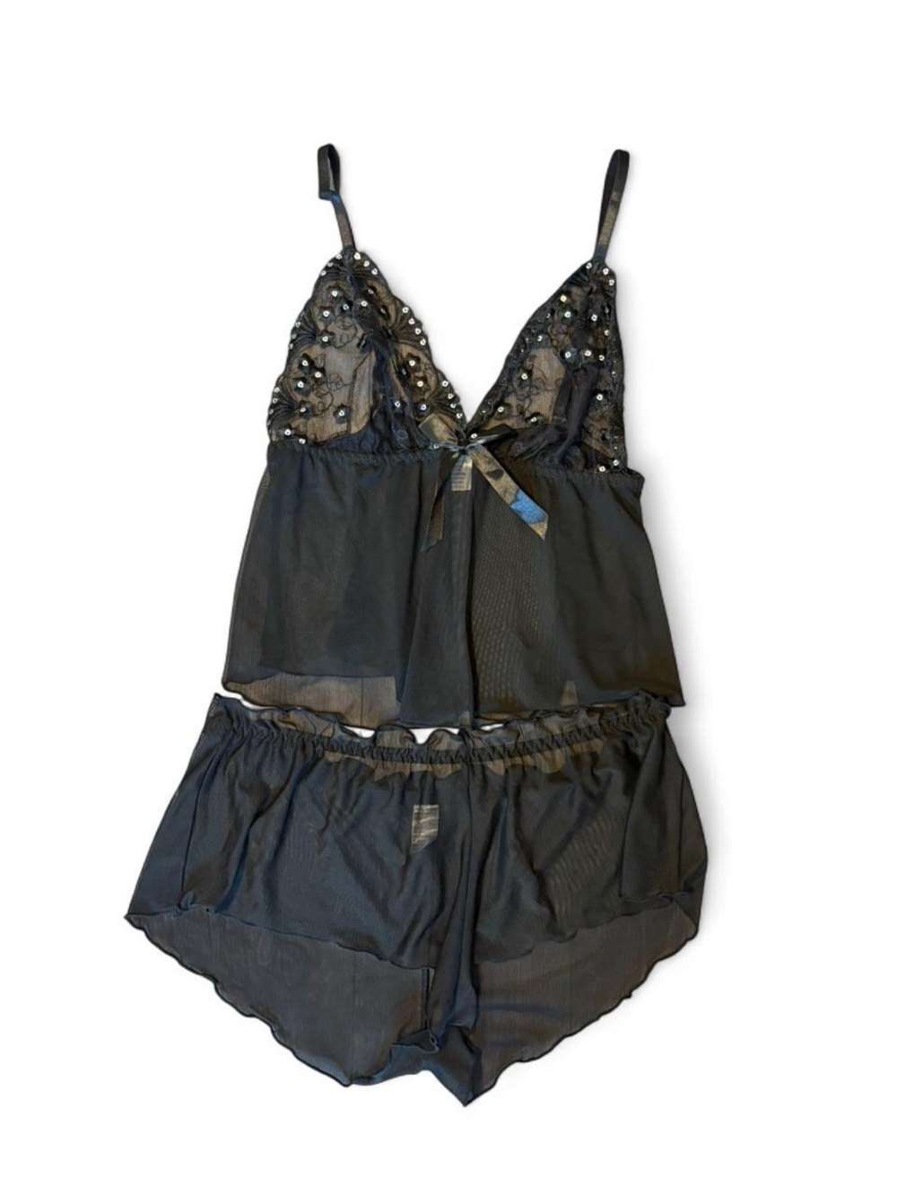 Vintage Black Sheer Embellished Lace Babydoll & Shorts Set, Size XL